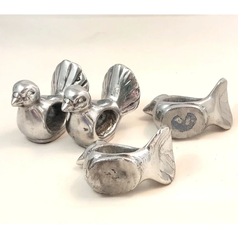Pewter Birds Chickens Napkin Rings Set Of 4 2” Tall vintage